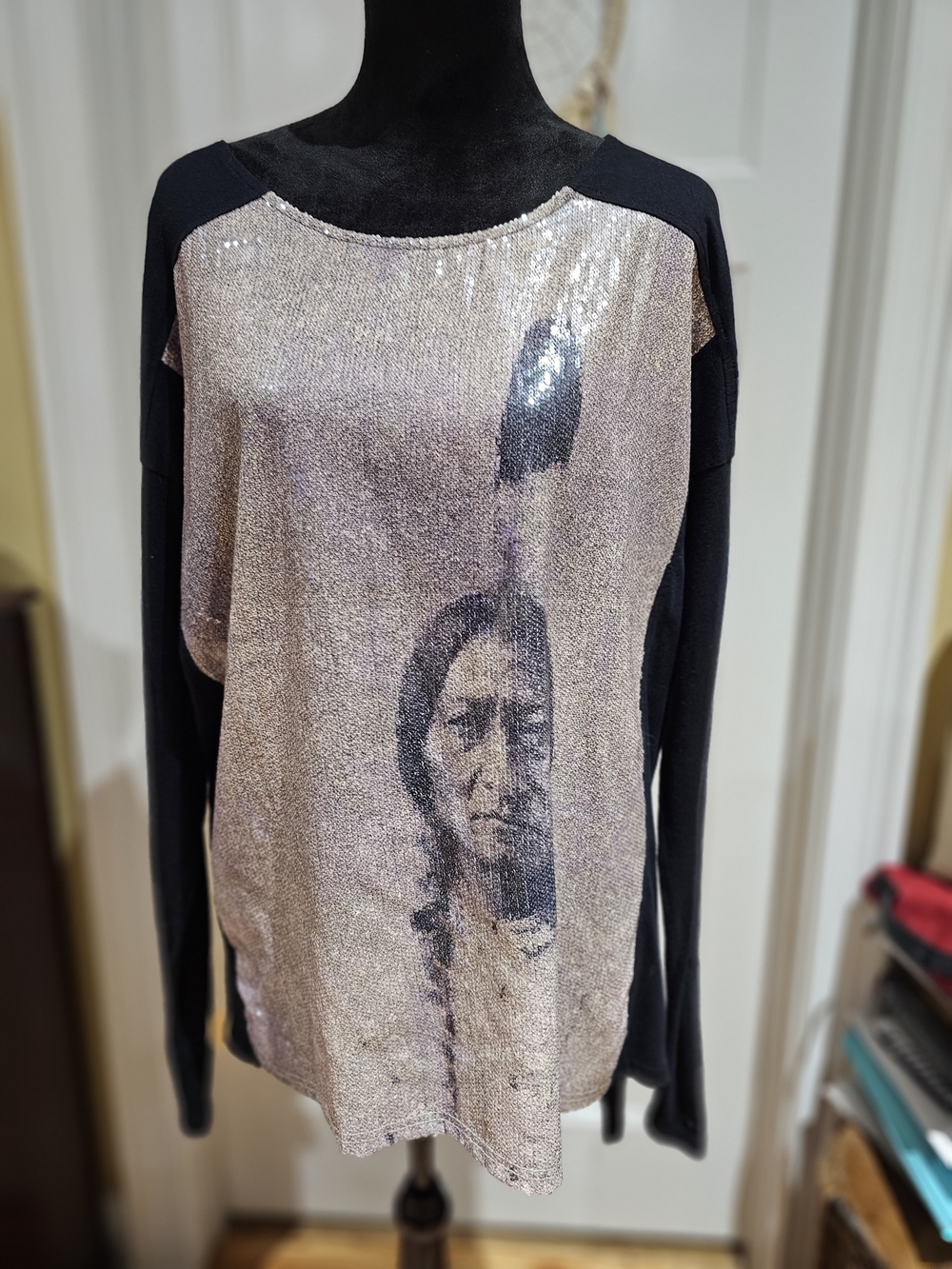Double D Ranch Black Sleeve Sequin Front Top with Sitting Bull Graphic
